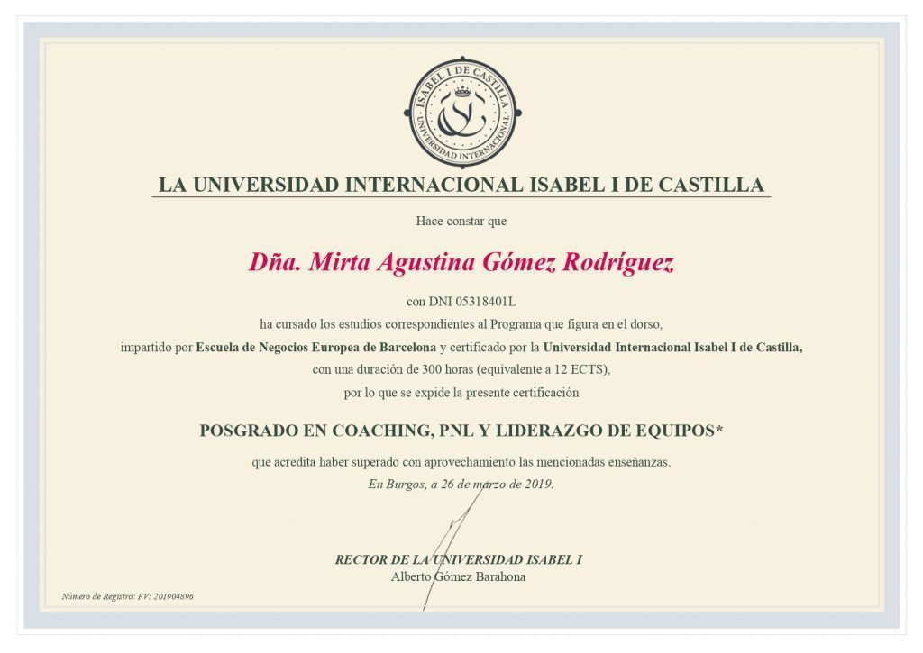 Diploma Postgrado Universitario en Coaching, PNL y Liderazgo de Equipos.